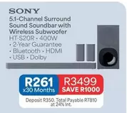 Sony - 5.1-Channel Surround Sound Soundbar with Wireless Subwoofer HT-S20R