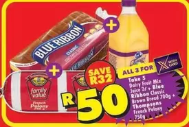 Blue Ribbon - Dairy Fruit Mix Juice, Classic Brown Bread, French Polony