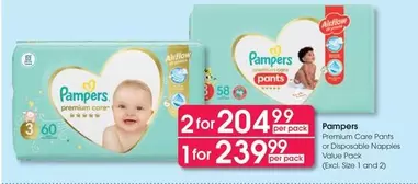 Pampers - Premium Core Pants or Disposable Nappies Value Pack