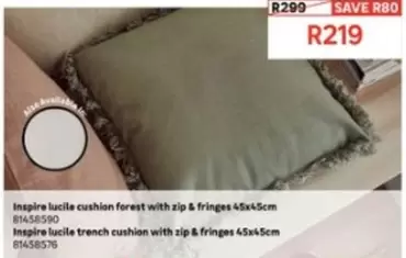 Inspire lucile cushion forest with zip & fringes 45x45cm 81458590, Inspire lucile trench cushion with zip & fringes 45x45cm 81458576