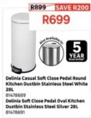 Delinia -  Casual Soft Close Pedal Round Kitchen Dustbin Stainless Steel White 28L 81478689,  Soft Close Pedal Oval Kitchen Dustbin Stainless Steel Silver 28L 81478691