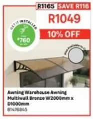 Awning Warehouse Awning Multiwall Bronze W2000mm x D1000mm 81476845