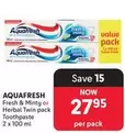 Aquafresh - Fresh & Minty or Herbal Twin pack Toothpaste