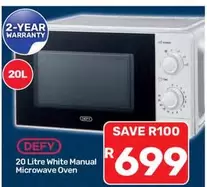 Defy - 20 Litre White Manual Microwave Oven
