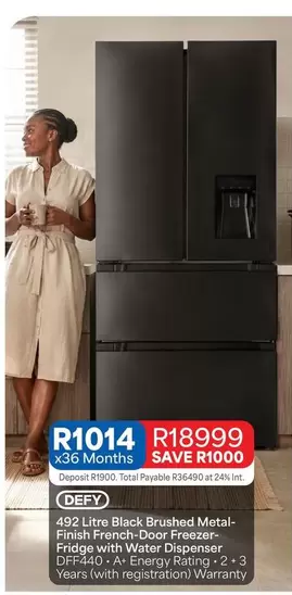 Defy - 492 Litre Black Brushed Metal-Finish French-Door Freezer-Fridge with Water Dispenser DFF440