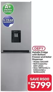 Defy - Metallic Fridge with Bottom Freezer and Water Dispenser - Model: DAC449