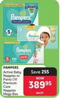 Pampers - Active Baby Nappies or Pants OR Premium Care Nappies Mega Box
