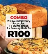 2 x Round Savoury Focaccias, 1 x Ouma Bread, 1 x Savoury Rolls 6s