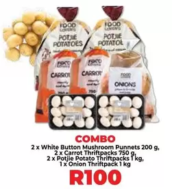2 x White Button Mushroom Punnet, 2 x Carrot Thriftpacks, 2 x Potjie Potato Thriftpacks, 1 x Onion Thriftpack