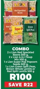 Lion - Red Speckled Beans, 4-in-1 Soup Mix, Super Pop Popcorn Seeds, Green Split Peas, Brown Whole Lentils or Red Split Lentils