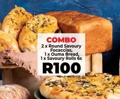 2 x Round Savoury Focaccias, 1 x Ouma Bread, 1 x Savoury Rolls 6s