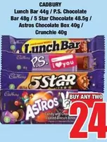 Cadbury - Lunch Bar, P.S. Chocolate Bar, 5 Star Chocolate, Astros Chocolate Box, Crunchie