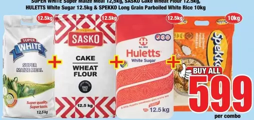 Huletts - SUPER WHITE Super Maize Meal, SASKO Cake Wheat Flour, HULETTS White Sugar & SPEKKD Long Grain Parboiled White Rice
