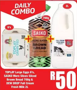 Daily - Large Eggs 6's, More Slices Sliced Brown Bread 700g & Full Cream Fresh Milk 2L