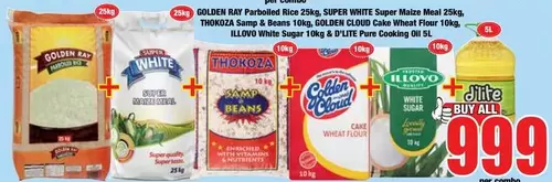 Golden Cloud - GOLDEN BAY Parboiled Rice 25kg, SUPER WHITE Super Maize Meal 25kg, THOKOZA Samp & Beans 10kg, GOLDEN CLOUD Cake Wheat Flour 10kg, KLOVS White Sugar 10kg & D'LITE Pure Cooking Oil 5L