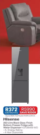 Hisense - 263 Litre Black Glass-Finish Bottom-Freezer Fridge with Water Dispenser HQ70DBMB-WD