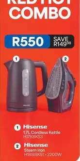 Hisense - 1.7L Cordless Kettle H17KBK53 + Steam Iron H18SIBKST - 2200W