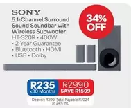 Sony - 5.1-Channel Surround Soundbar with Wireless Subwoofer HT-S20R