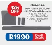 Hisense - 5.1-Channel Soundbar with Wireless Subwoofer HS5100