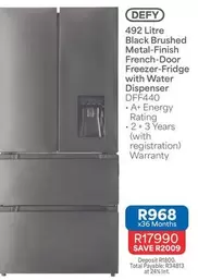 Defy - 492 Litre Black Brushed Metal-Finish French-Door Freezer-Fridge with Water Dispenser DFF440