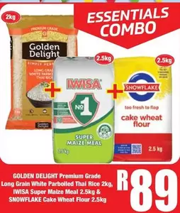 Essentials - Golden Delight Premium Grade Long Grain White Parboiled Thai Rice, IWISA Super Maize Meal, SNOWFLAKE Cake Wheat Flour