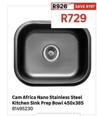 Cam Africa Nano Stainless Steel Kitchen Sink Prep Bowl 450x385