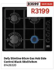Defy - Slimline 60cm Gas Hob Side Control Black 58x51x9cm 