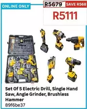 Set Of 5 Electric Drill, Single Hand Saw, Angle Grinder, Brushless Hammer