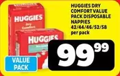 Huggies - DRY COMFORT VALUE PACK DISPOSABLE NAPPPIES 42/44/46/52/58 per pack