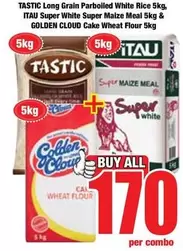 Tastic - Long Grain Parboiled White Rice 5kg, Super White Maize Meal 5kg & Wheat Flour 5kg