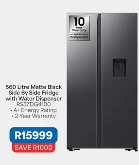 Samsung - 560 Litre Matte Black Side By Side Fridge with Water Dispenser RS57DG4100