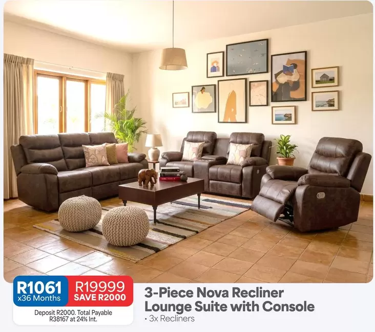 Total - 3-Piece Nova Recliner Lounge Suite with Console