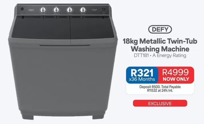 Defy - 18kg Metallic Twin-Tub Washing Machine DTT181