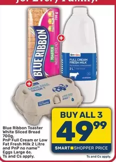 Blue Ribbon - Toaster White Sliced Bread, Full Cream or Low Fat Fresh Milk, Eggs Large 6s
