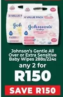 Johnson's - Gentle All Over or Extra Sensitive Baby Wipes