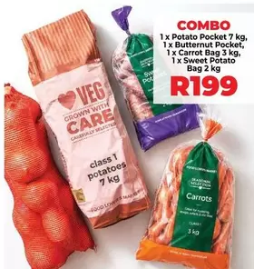 COMBO 1 x Potato Pocket 7 kg, 1 x Butternut Pocket, 1 x Carrot Bag 3 kg, 1 x Sweet Potato Bag 2 kg