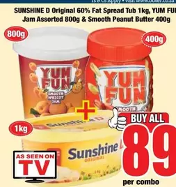 SUNSHINE D Original 60% Fat Spread Tub, YUM FUN Jam Assorted, Smooth Peanut Butter