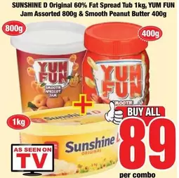 Yum Yum - Sunshine D Original 60% Fat Spread Tub & Jam Assorted & Smooth Peanut Butter