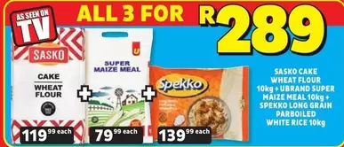 SASKO - Sasko Cake Wheat Flour 10kg + U-Brand Super Maize Meal 10kg + Spekko Long Grain Parboiled White Rice 10kg