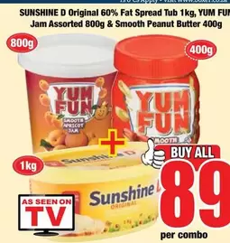 SUNSHINE D Original 60% Fat Spread Tub & YUM FUN Jam Assorted & Smooth Peanut Butter