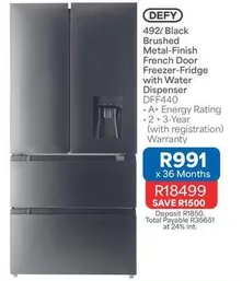 Defy - 492l Black Brushed Metal-Finish French Door Freezer-Fridge with Water Dispenser DFF440