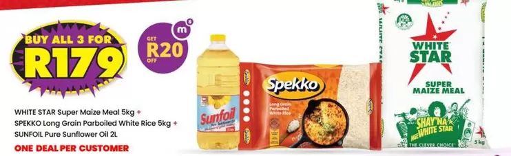 Spekko - WHITE STAR Super Maize Meal 5kg + SPEKKO Long Grain Parboiled White Rice 5kg + SUNFOL Pure Sunflower Oil 2L