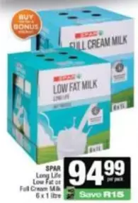 Spar - Low Life Low Fat or Full Cream Milk