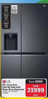 LG - 611 L Frost Free Side-By-Side with Water & Ice Dispenser - Model GC-L257SQSL