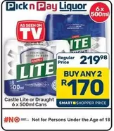 CASTLE - Castle Lite or Draught 6 x 500ml Cans