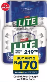CASTLE - Lite or Draught 6 x 500ml Cans