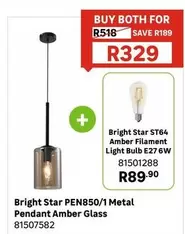 Bright Star PEN850/1 Metal Pendant Amber Glass