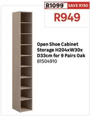 Open Shoe Cabinet Storage H204xW30xD33cm For 9 Pairs Oak