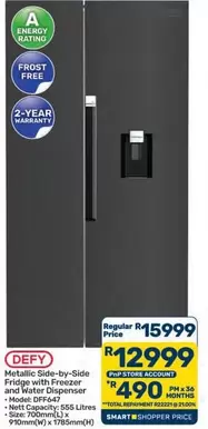 Defy - Metallic Side-by-Side Fridge with Freezer and Water Dispenser