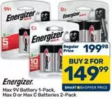 Energizer - Max 9V Battery 1-Pack, Max D or Max C Batteries 2-Pack